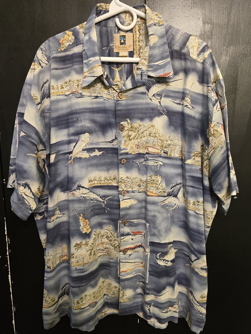 Kahala Blue Tropical Fishing Print Hawaiian Shirt- 100% Cotton - Size XXL
